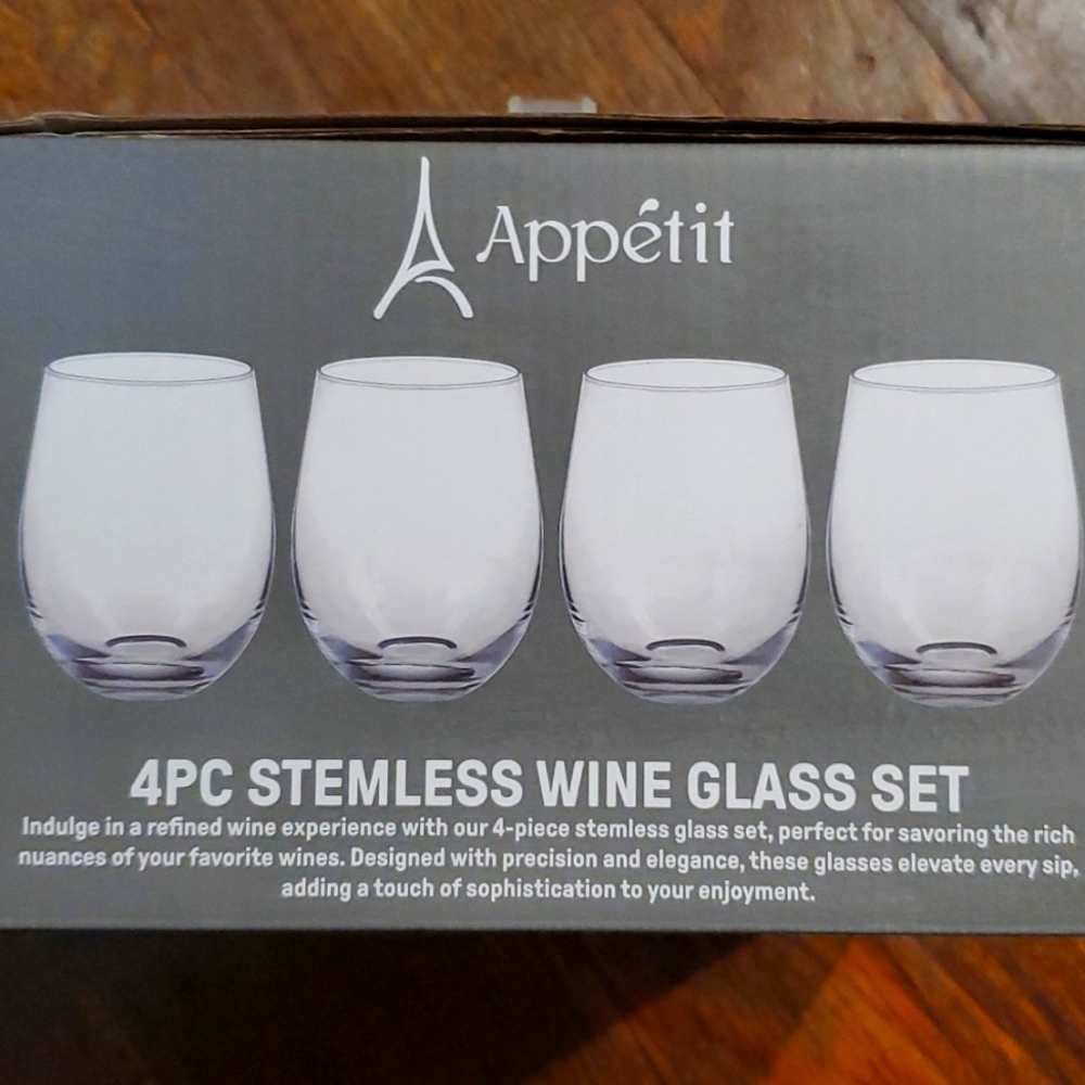 New 4 pc stemless wine glasses